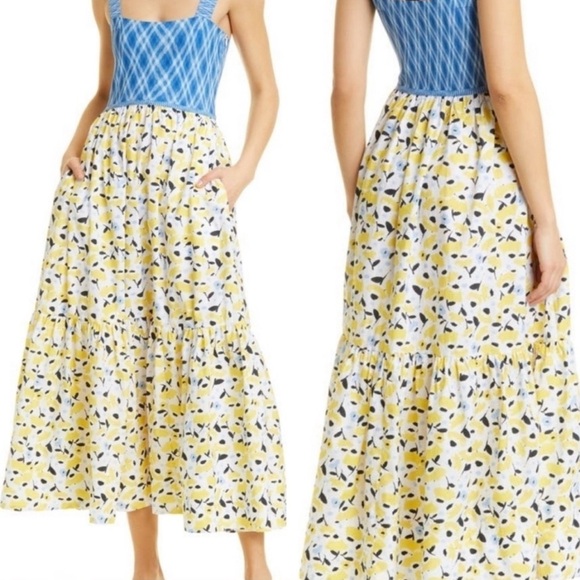 Tanya Taylor Blue and Yellow Midi Dress - Picture 1 of 4